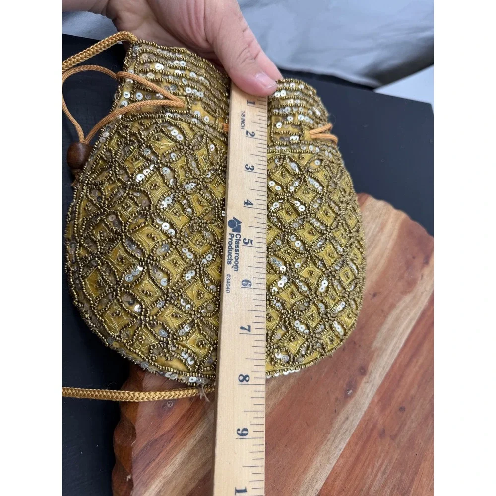 Unbranded Beaded Drawstring Pouch Bag Women Small Gold Sequin Evening Purse